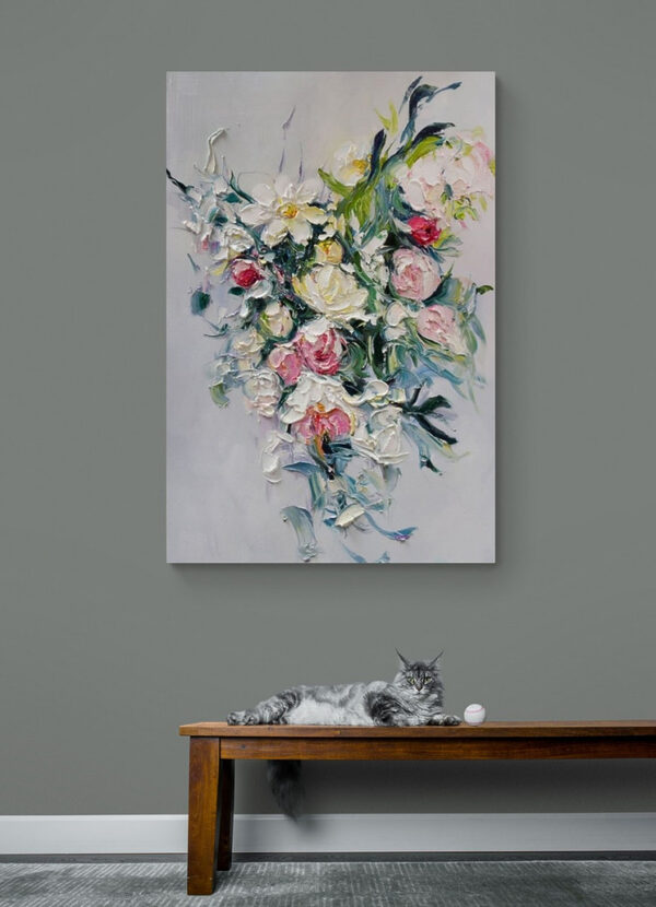 A painting of flowers on a white surface A painting of flowers on a white surface