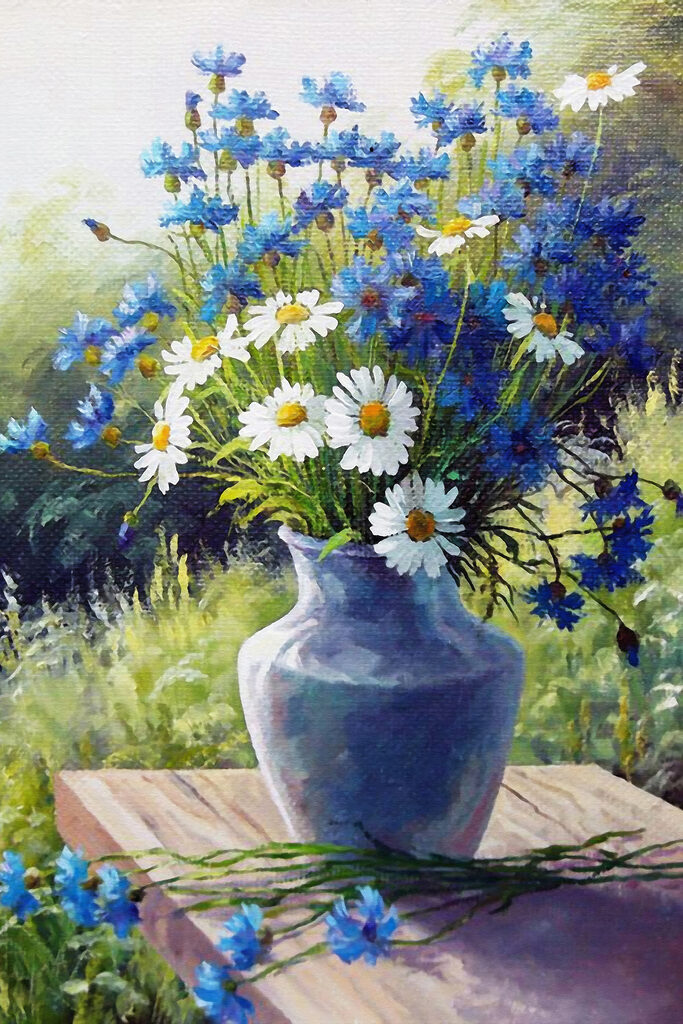 A painting of a vase of flowers A painting of a vase of flowers