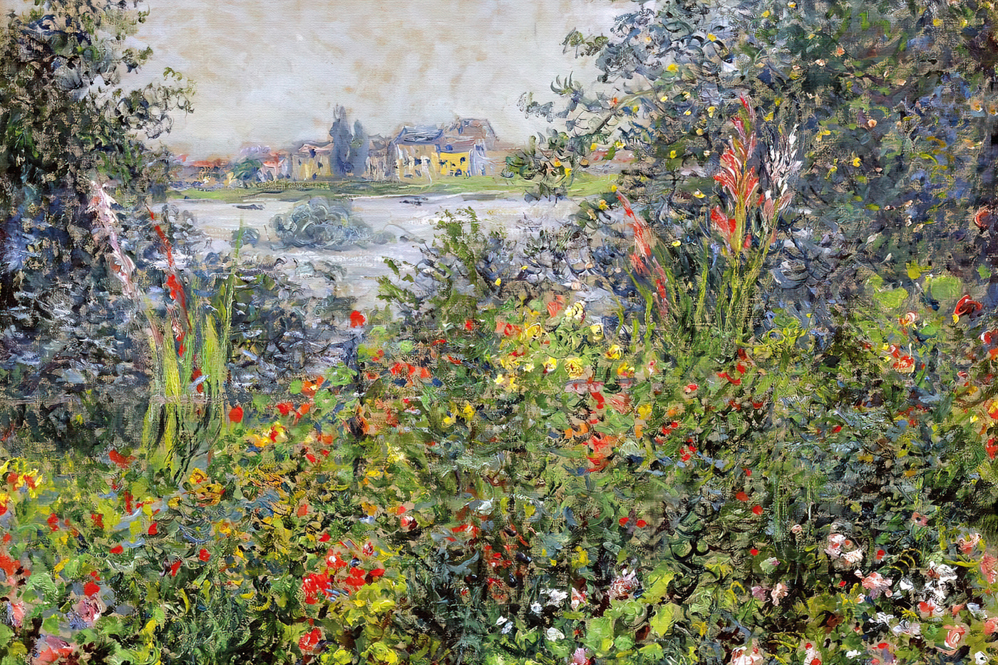 A painting of a garden with flowers and trees