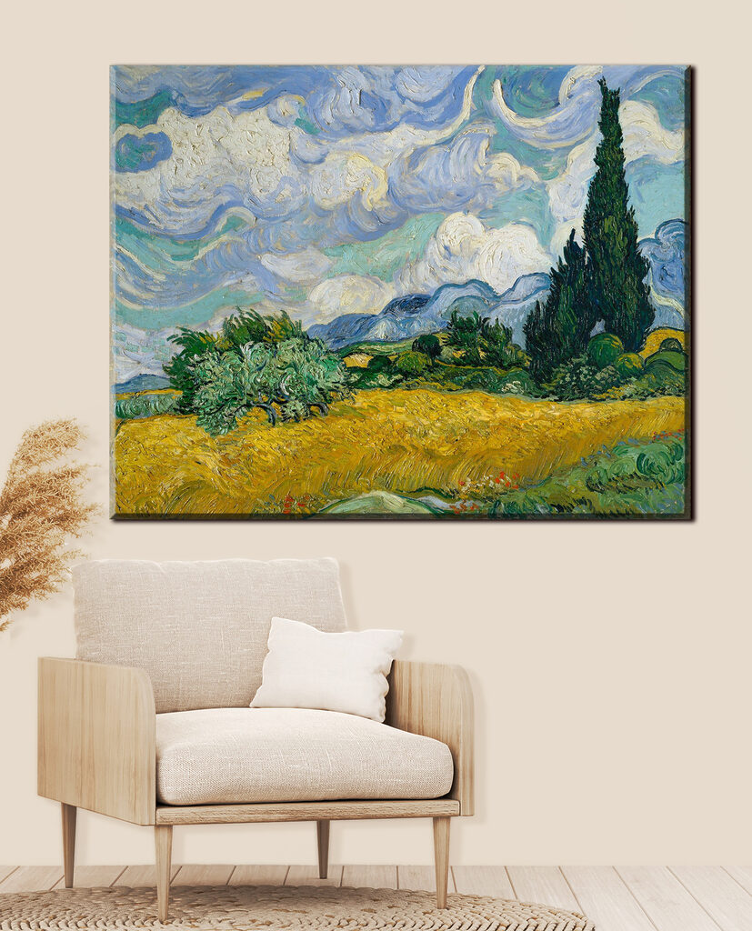 A painting of a landscape with trees and mountains A painting of a landscape with trees and mountains