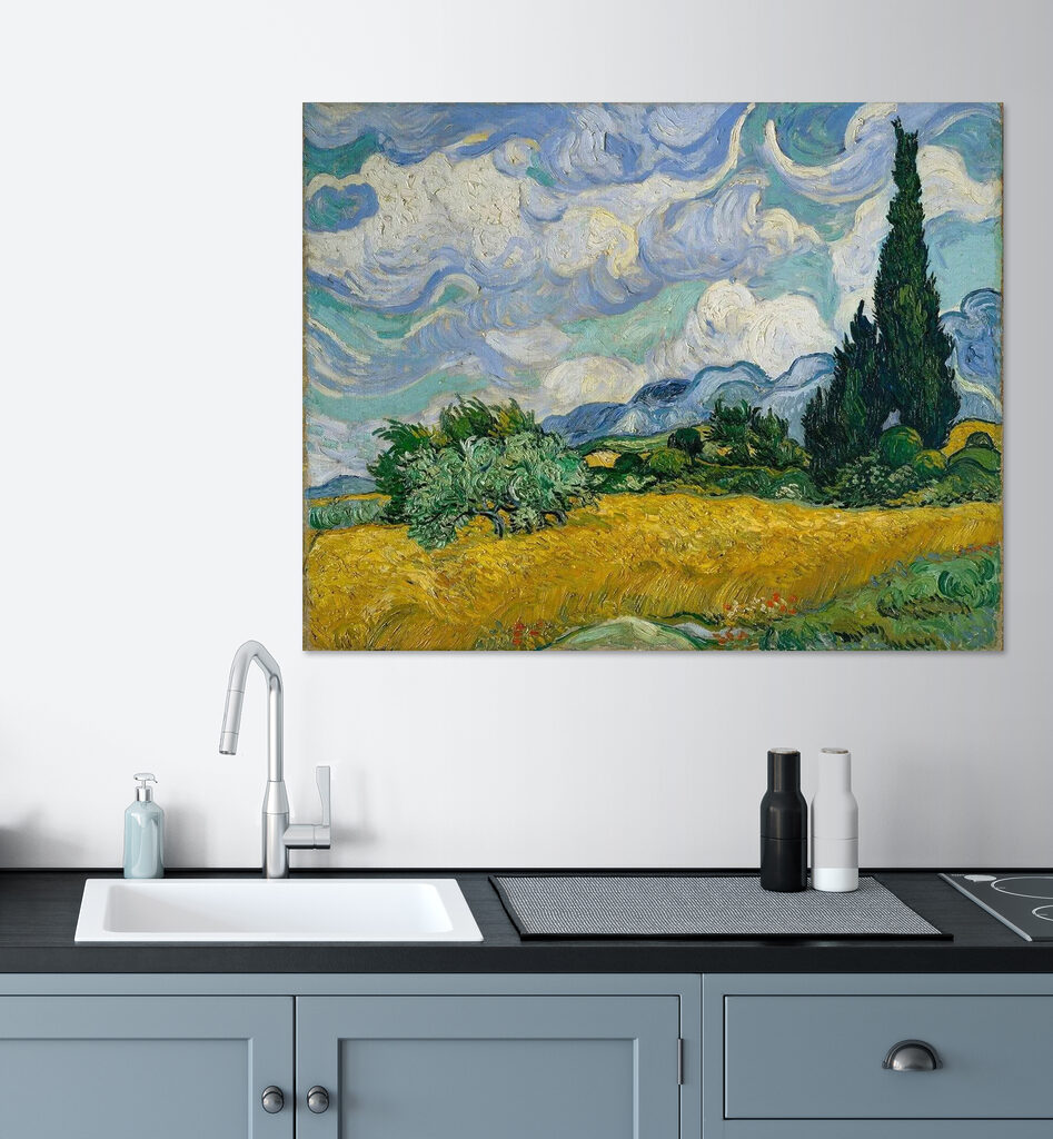A painting of a landscape with trees and mountains A painting of a landscape with trees and mountains