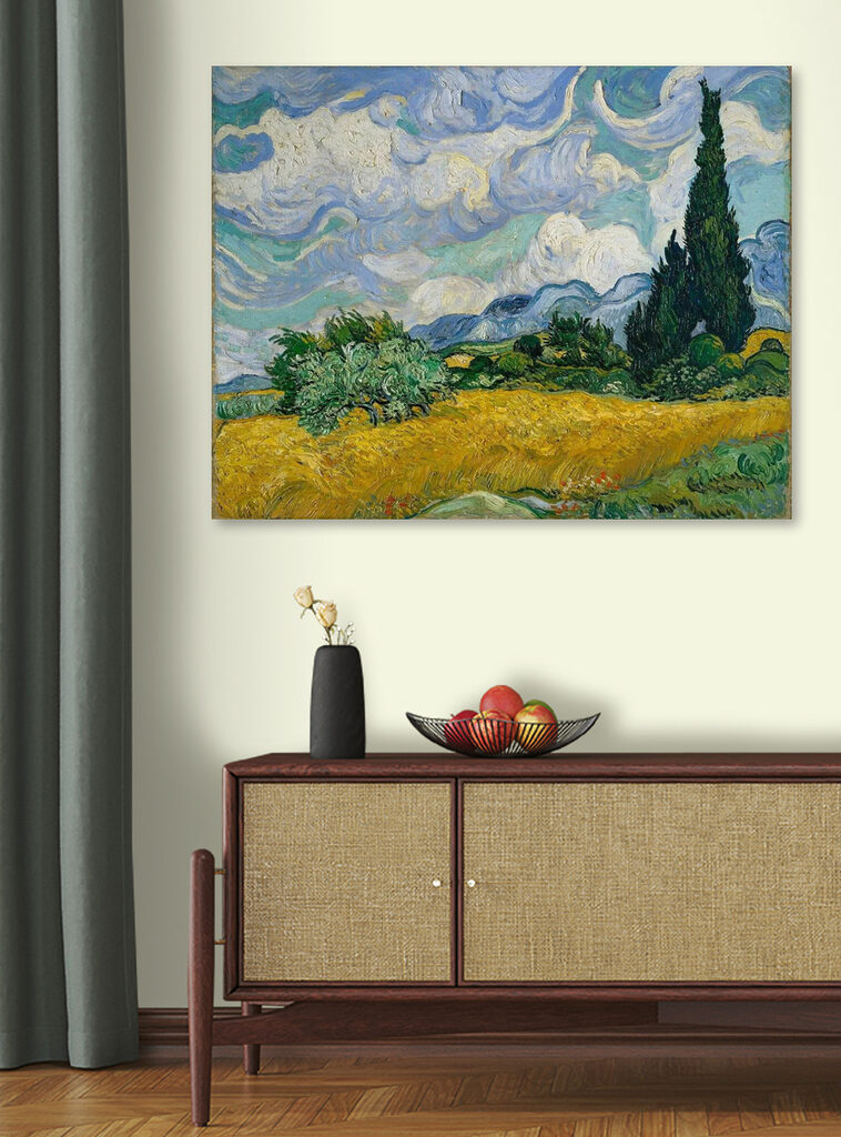 A painting of a landscape with trees and mountains A painting of a landscape with trees and mountains