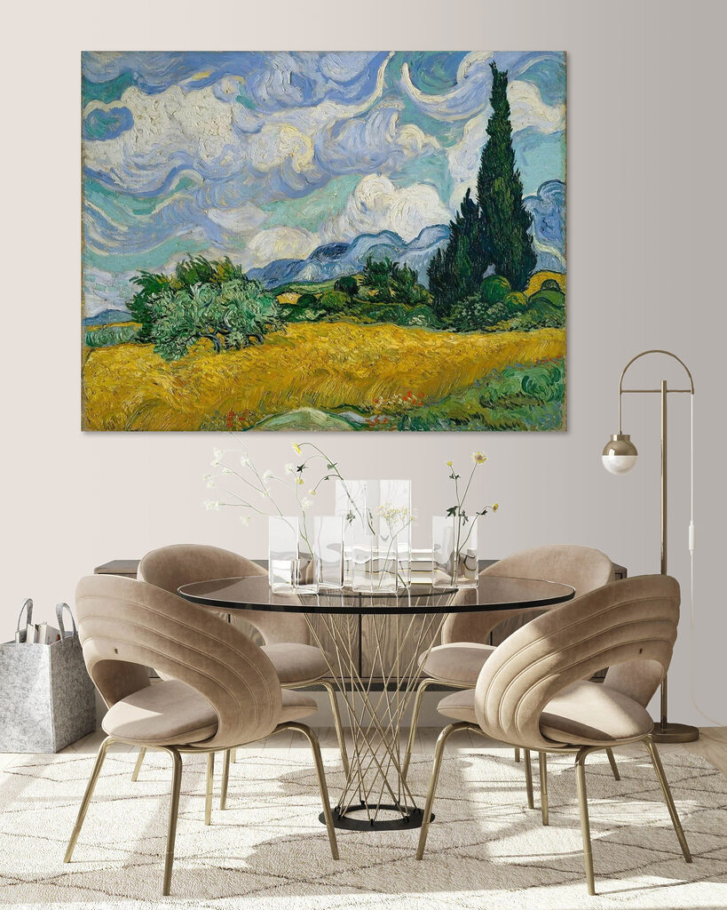 A painting of a landscape with trees and mountains A painting of a landscape with trees and mountains