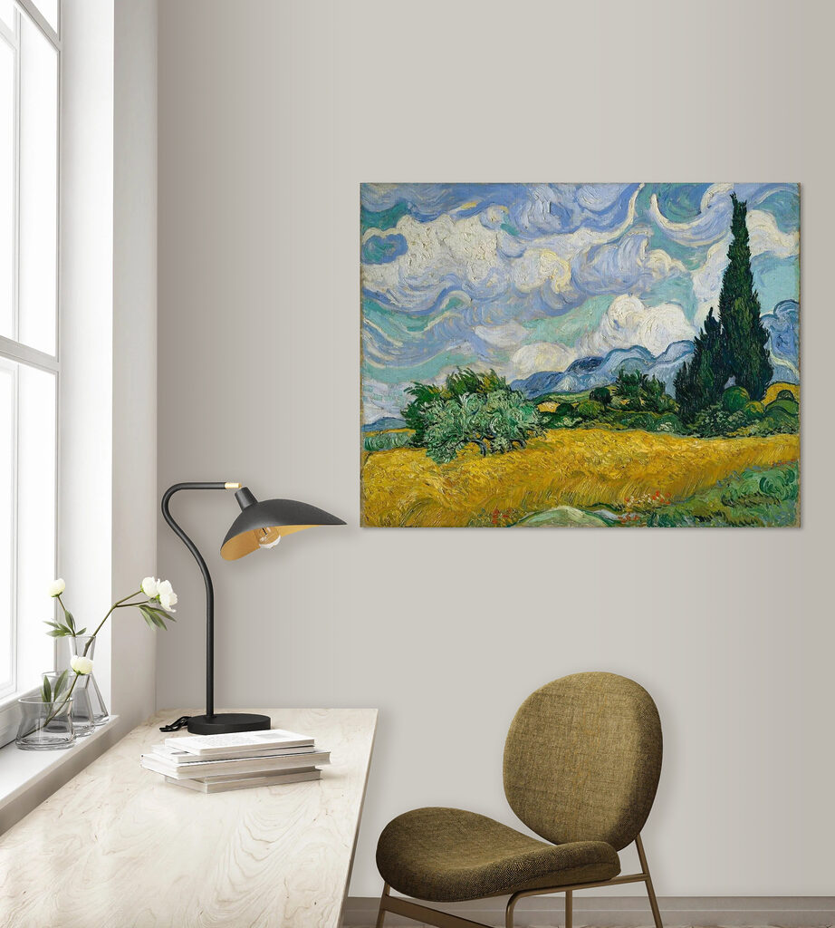 A painting of a landscape with trees and mountains A painting of a landscape with trees and mountains
