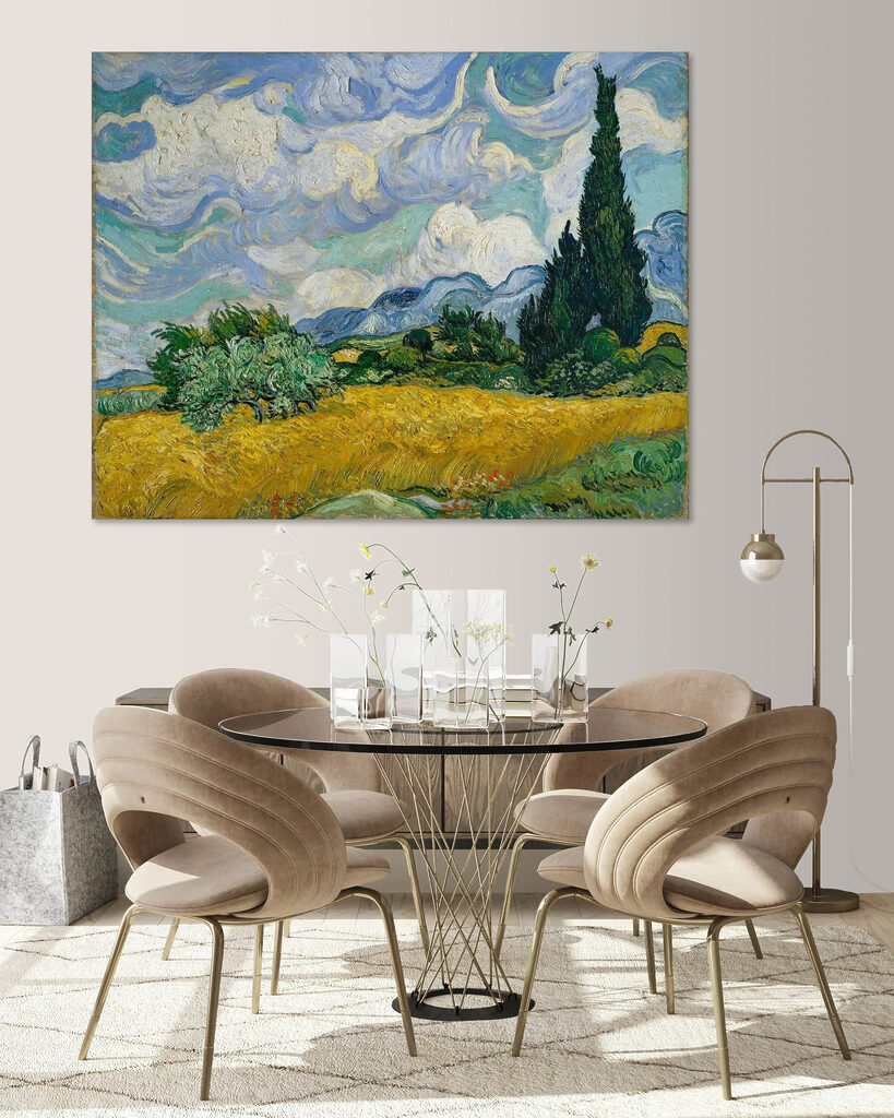 A painting of a landscape with trees and mountains A painting of a landscape with trees and mountains