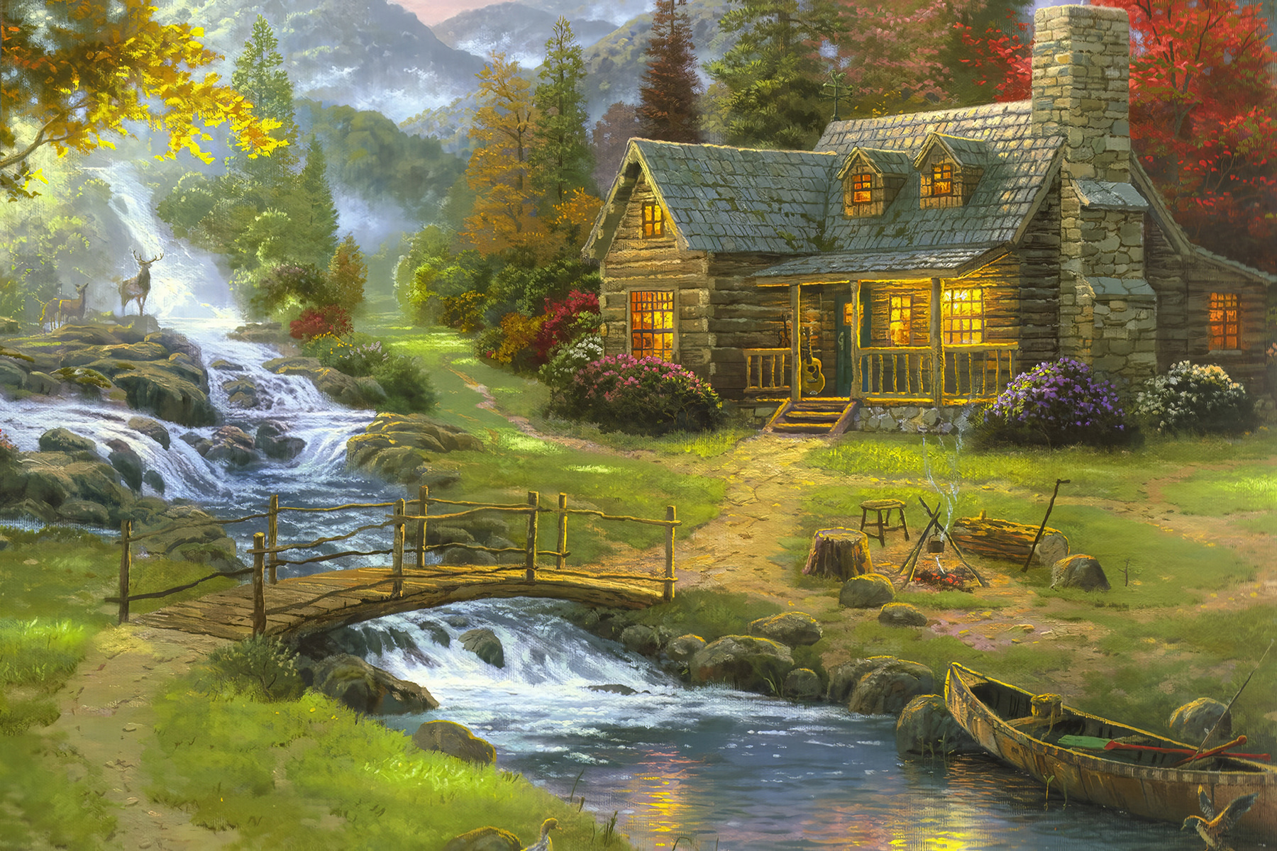 A painting of a log cabin with a bridge over a river