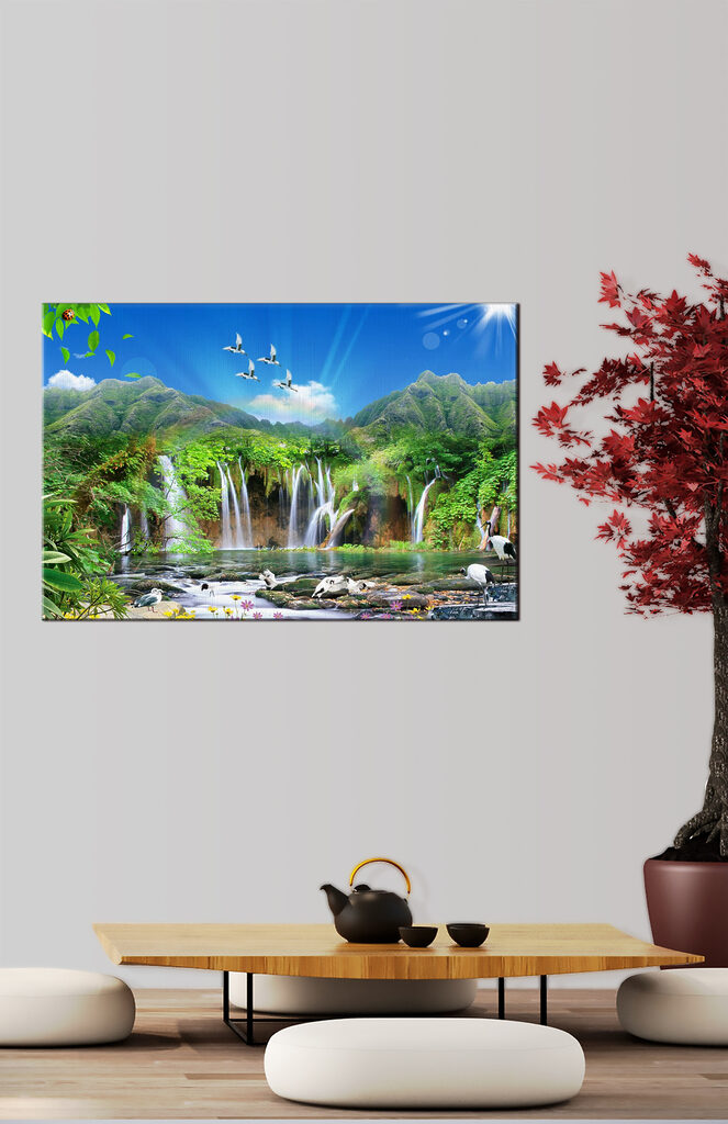 A waterfall with birds flying over it A waterfall with birds flying over it