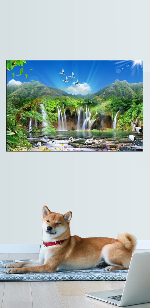 A waterfall with birds flying over it A waterfall with birds flying over it