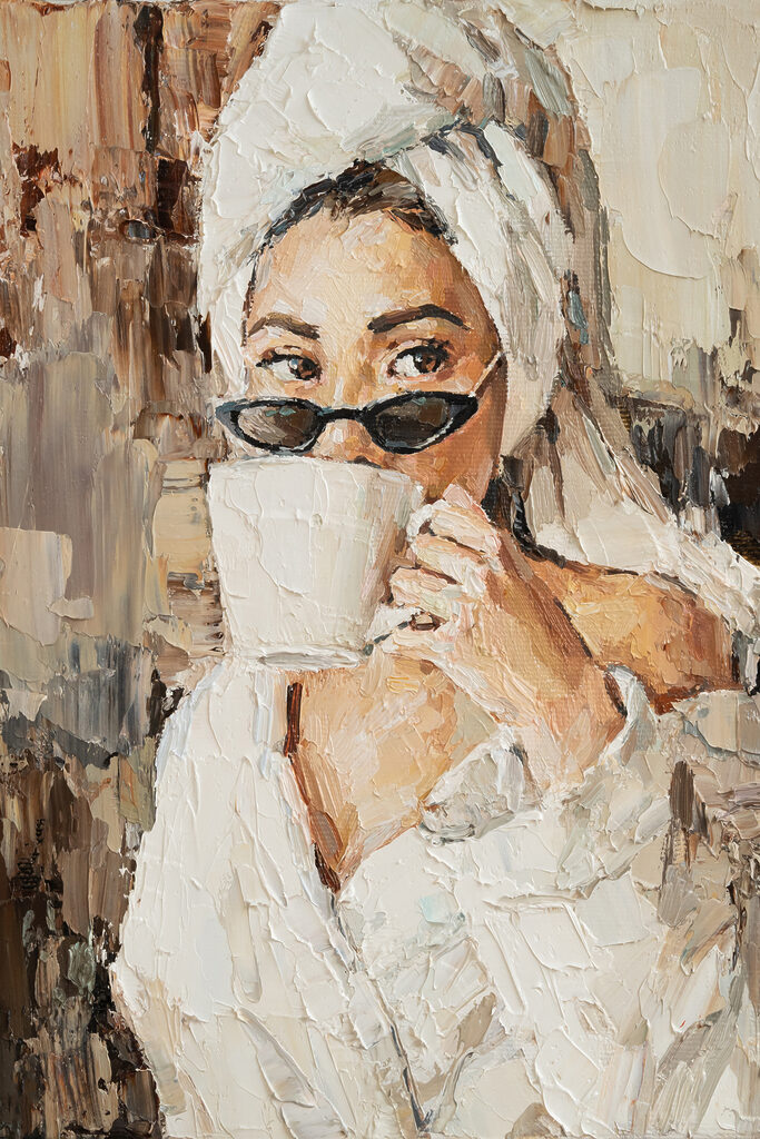 A painting of a woman holding a cup A painting of a woman holding a cup