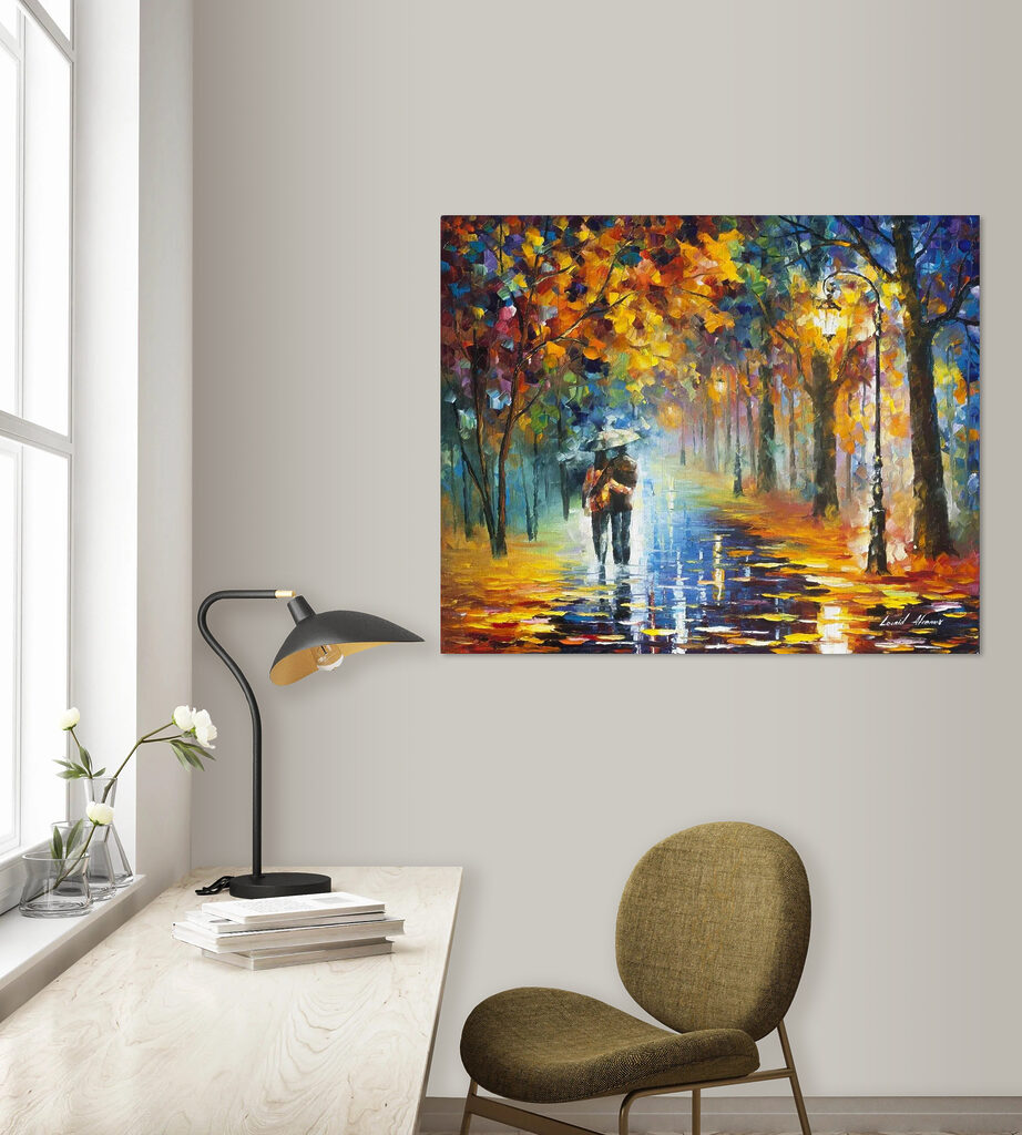 A painting of a couple walking in a park with trees and a lamp post A painting of a couple walking in a park with trees and a lamp post