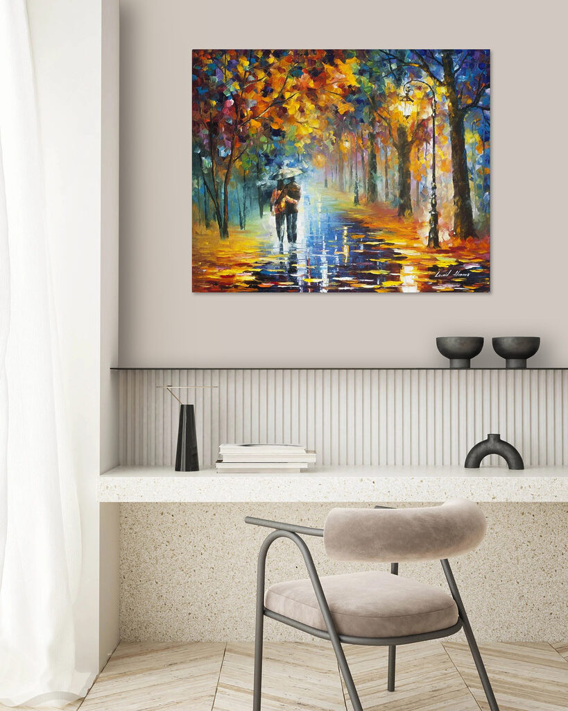 A painting of a couple walking in a park with trees and a lamp post A painting of a couple walking in a park with trees and a lamp post