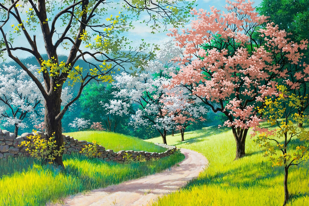 A dirt road through a grassy field with trees and a stone wall A dirt road through a grassy field with trees and a stone wall