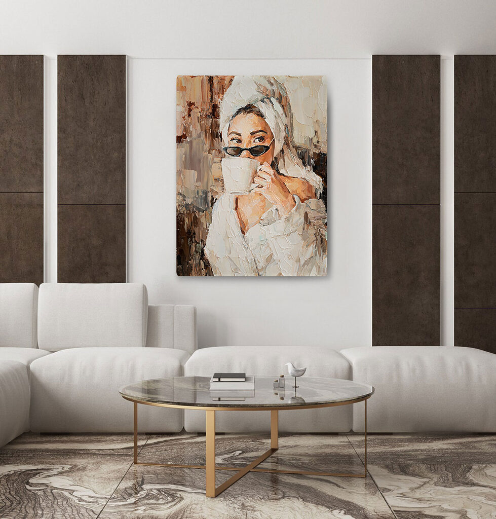 A painting of a woman holding a cup A painting of a woman holding a cup