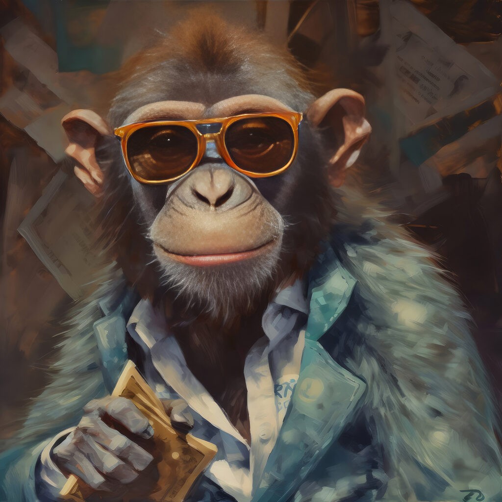 A monkey wearing sunglasses and a suit