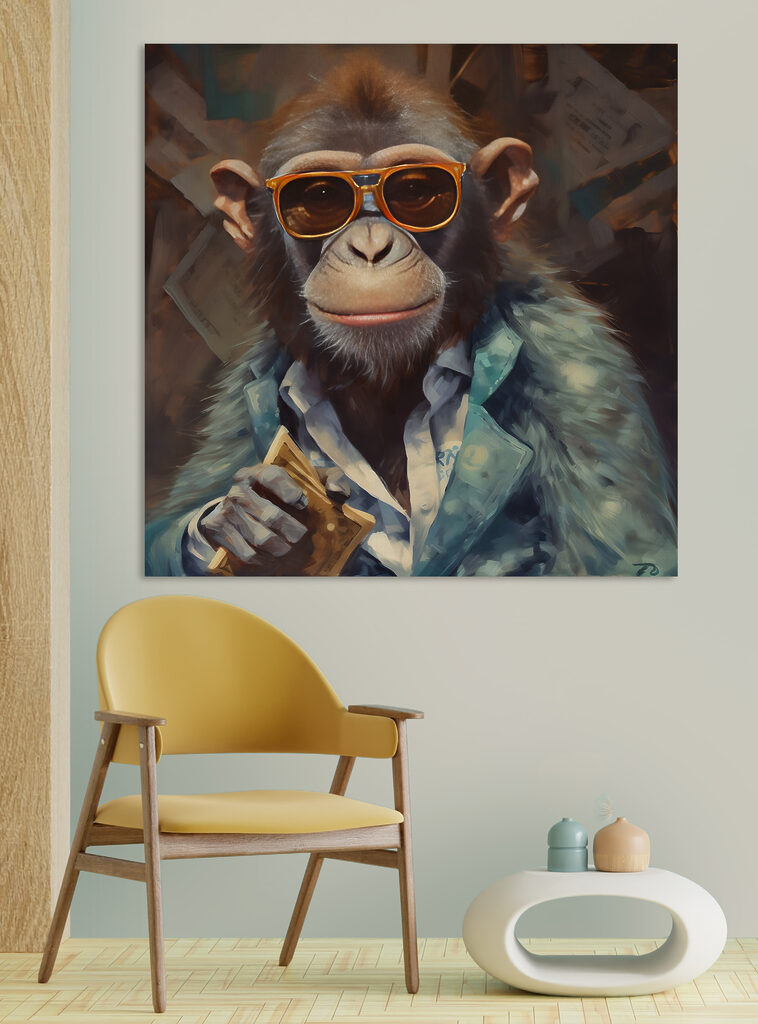A monkey wearing sunglasses and a suit