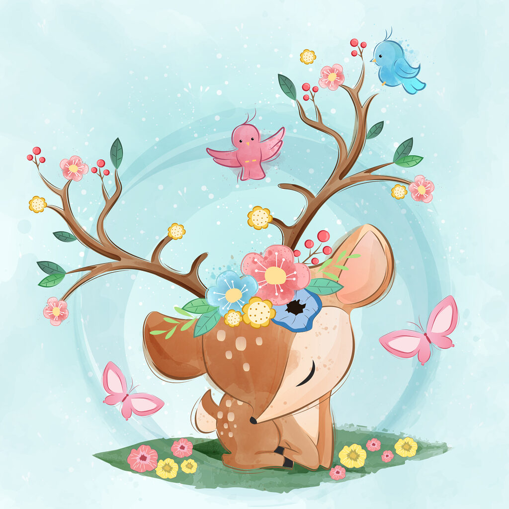 A cartoon deer with flowers and birds A cartoon deer with flowers and birds