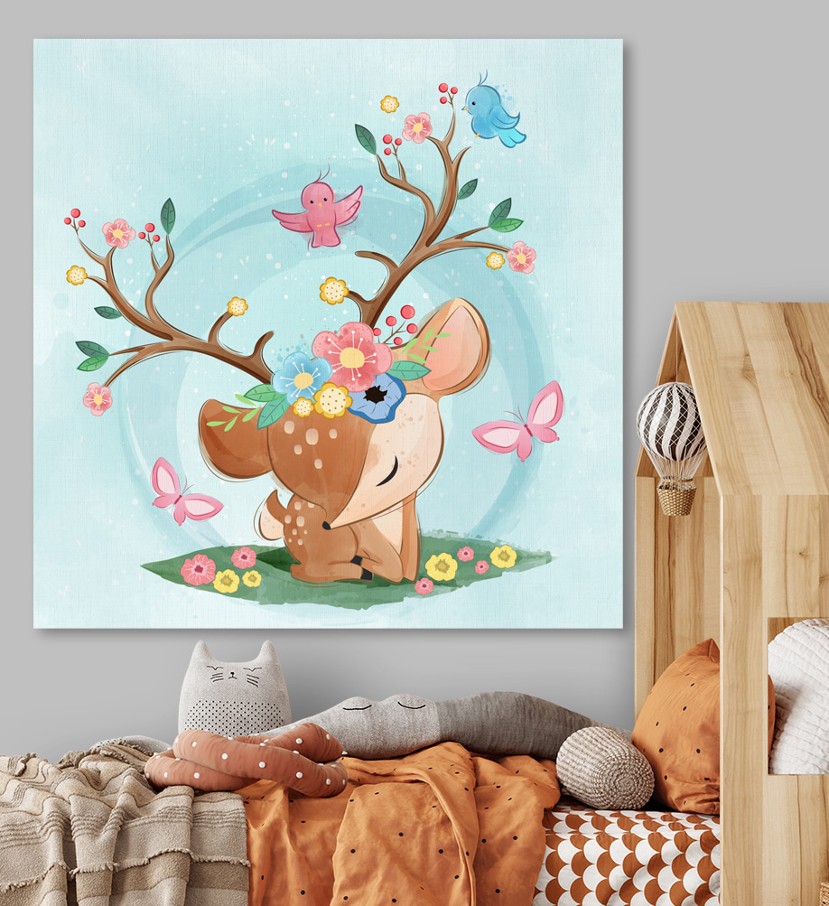 A cartoon deer with flowers and birds A cartoon deer with flowers and birds