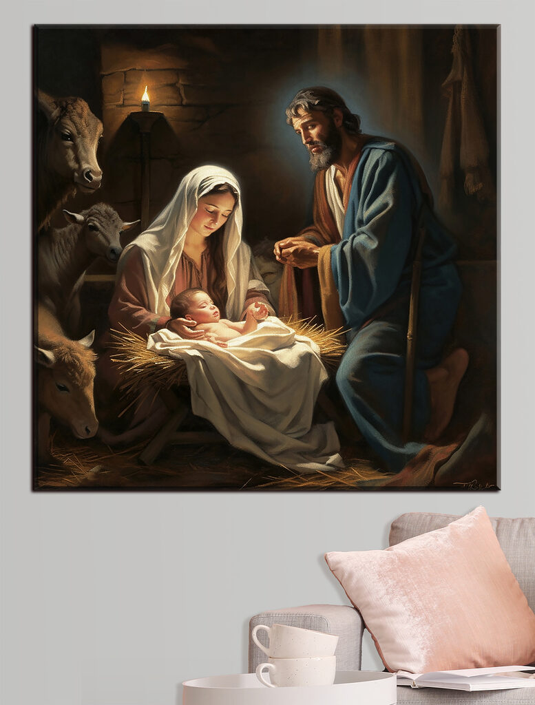 A painting of a man and woman in a manger with animals around A painting of a man and woman in a manger with animals around