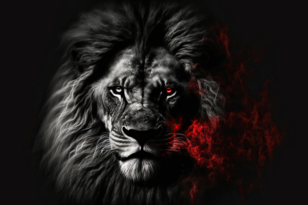 A black lion with red eyes