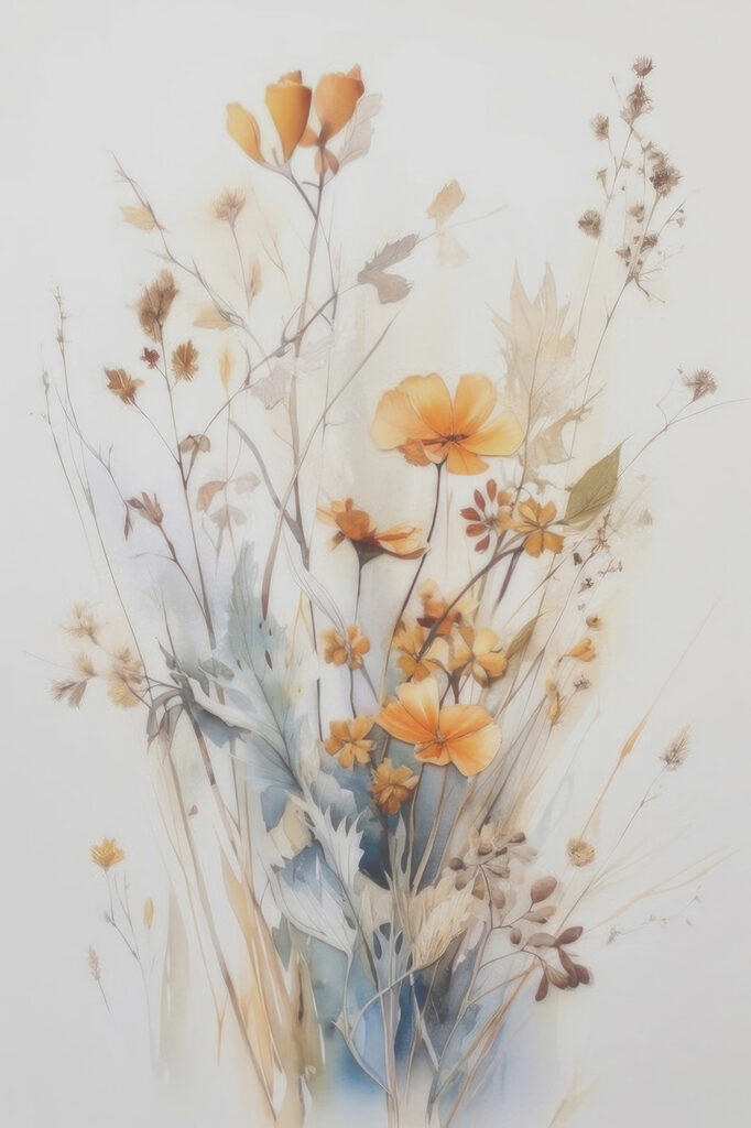 A painting of flowers and leaves