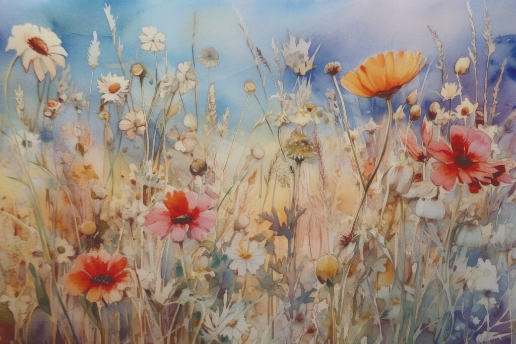 A painting of flowers and grass