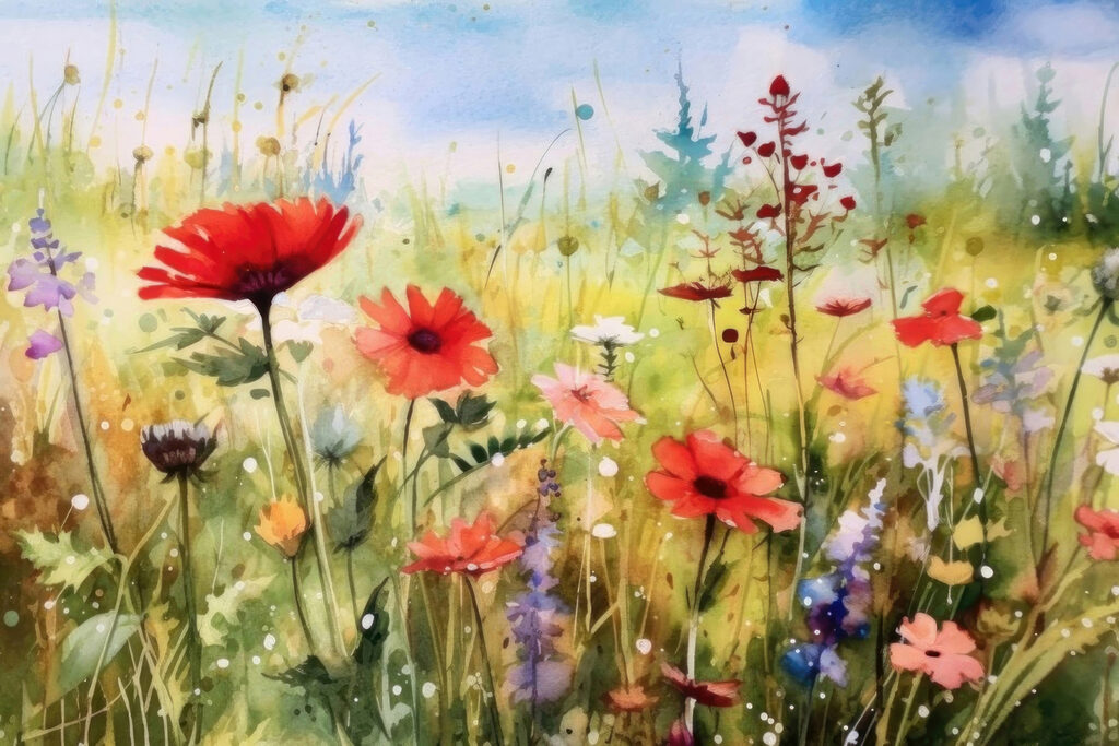 A painting of flowers in a field A painting of flowers in a field