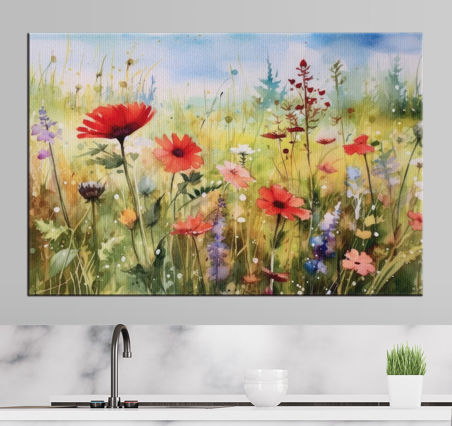 A painting of flowers in a field A painting of flowers in a field