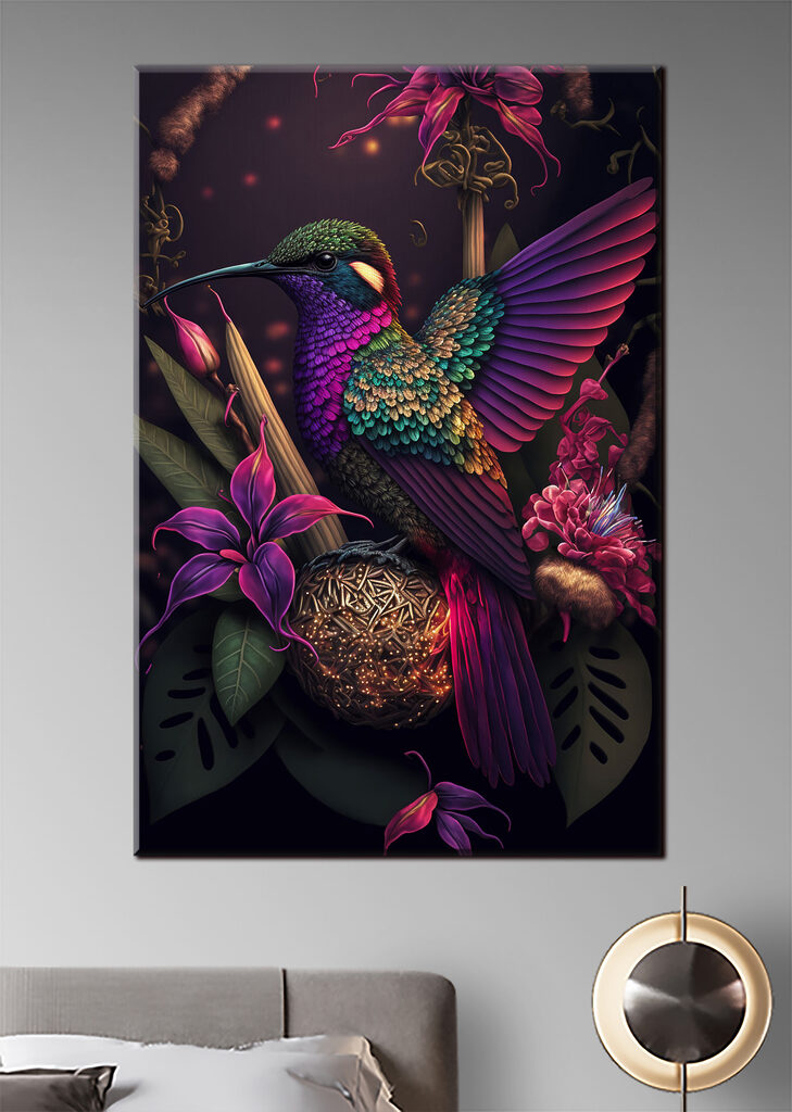 A colorful bird sitting on a ball of flowers