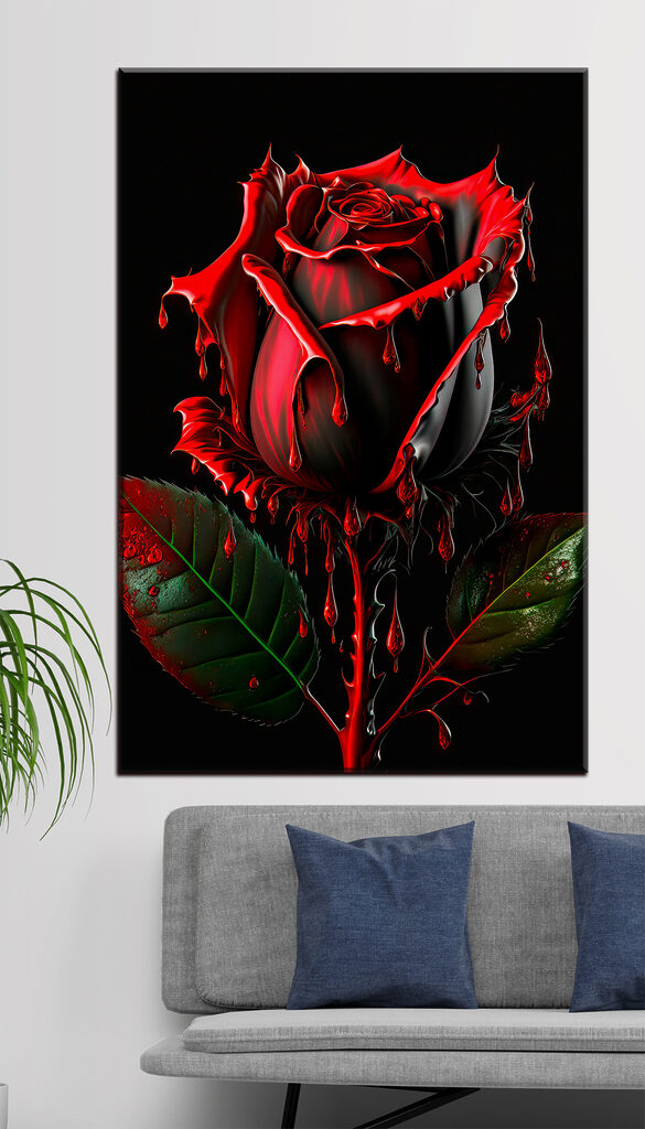 A red rose with green leaves and dripping red paint A red rose with green leaves and dripping red paint