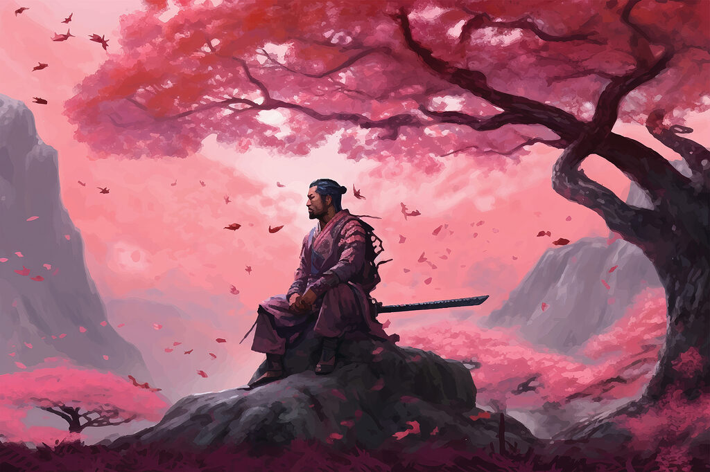 A man sitting on a rock with a sword A man sitting on a rock with a sword