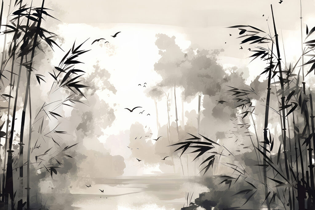 A black and white painting of trees and birds A black and white painting of trees and birds