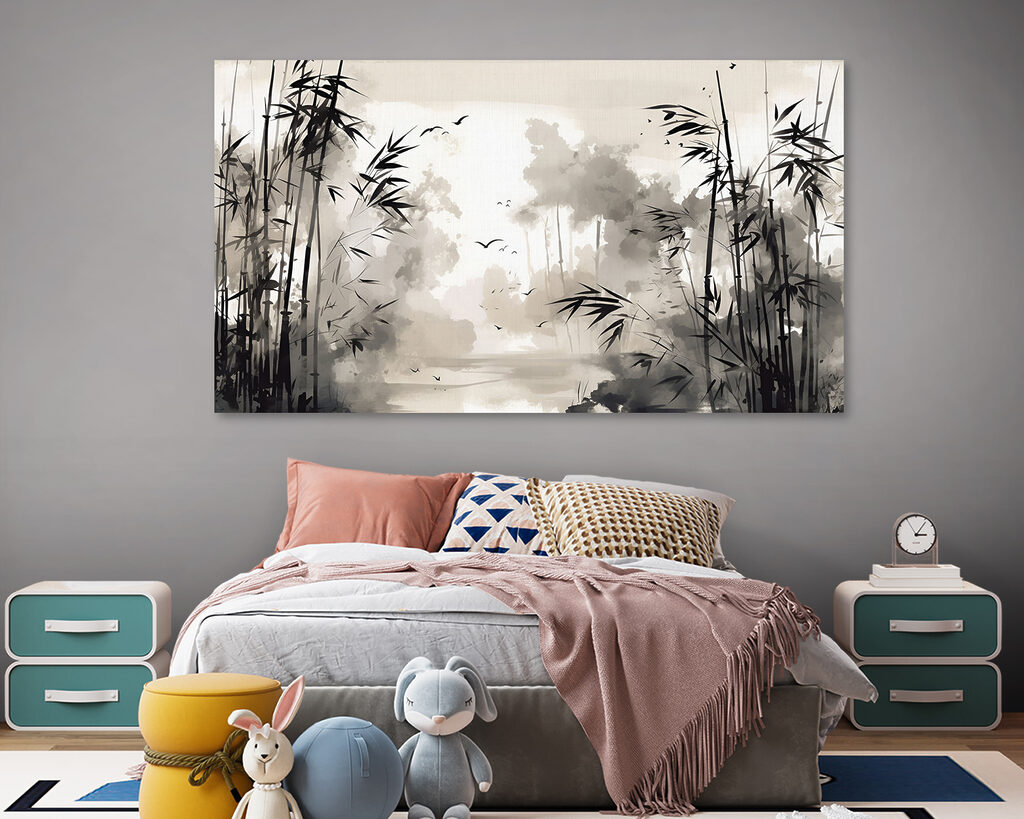 A black and white painting of trees and birds A black and white painting of trees and birds
