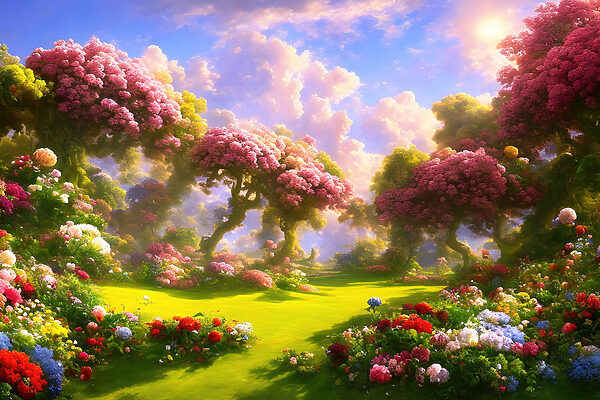 A landscape with trees and flowers A landscape with trees and flowers