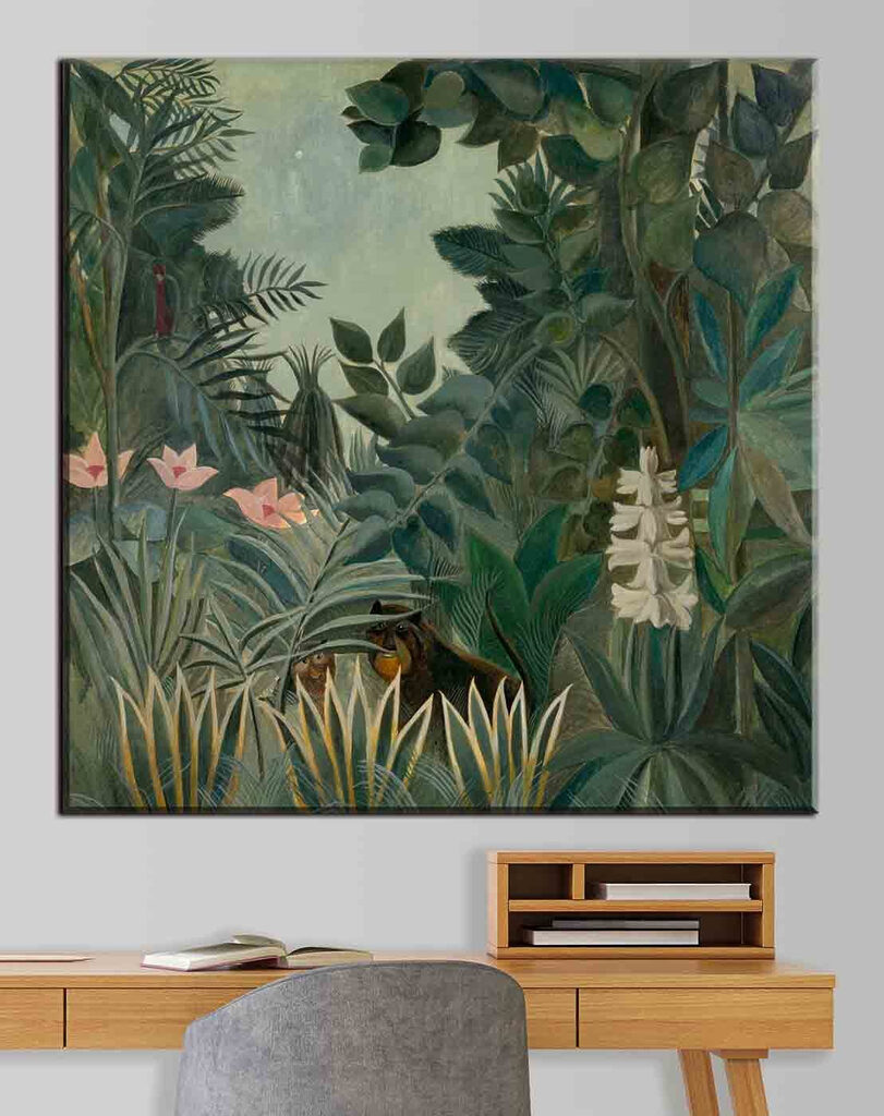 A painting of a jungle with plants and flowers