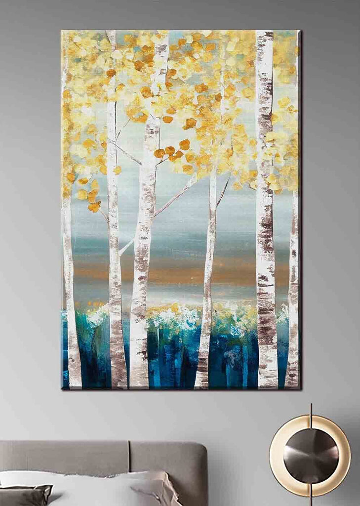 A painting of trees with yellow leaves