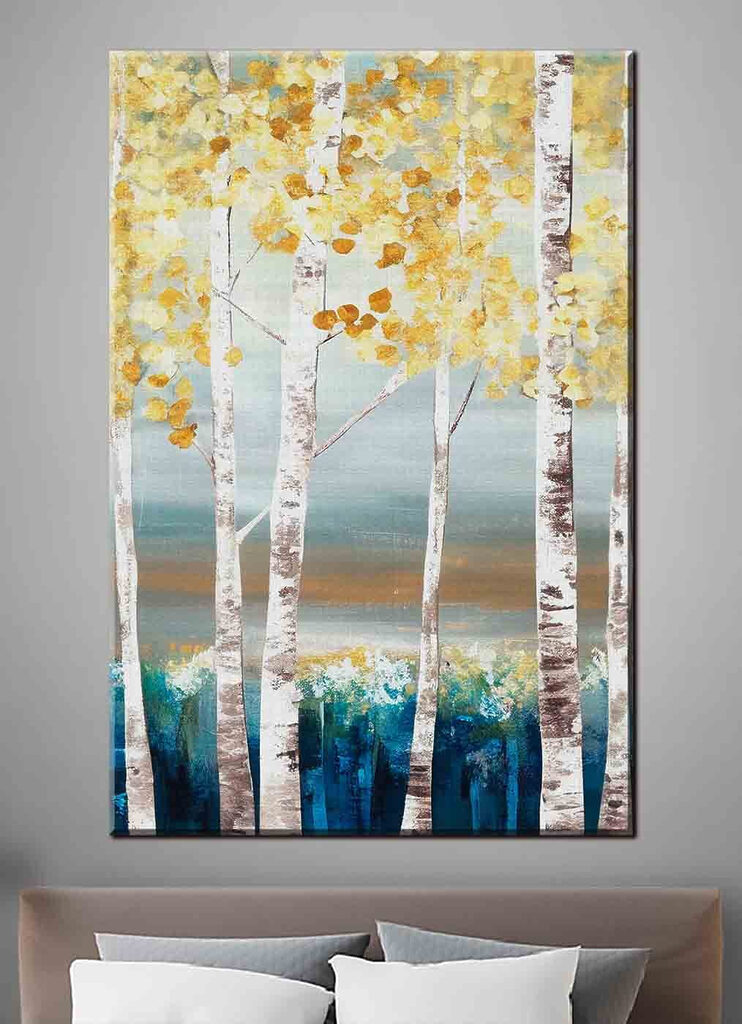 A painting of trees with yellow leaves