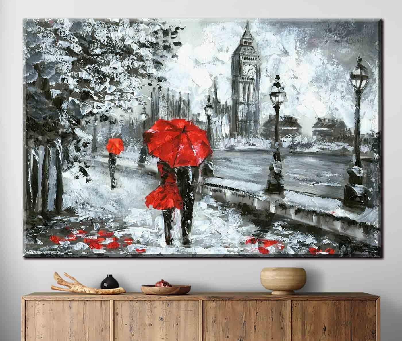 A painting of a couple holding umbrellas in a snowy city A painting of a couple holding umbrellas in a snowy city