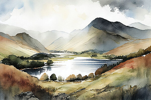 Watercolor of a lake surrounded by mountains Watercolor of a lake surrounded by mountains