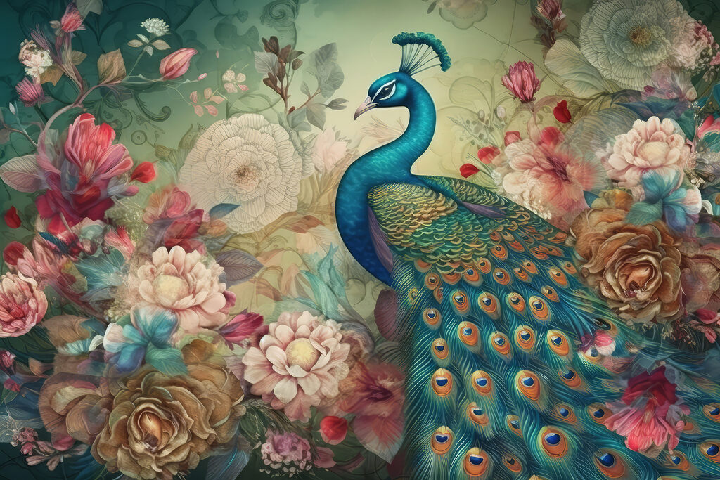 A peacock with flowers and leaves
