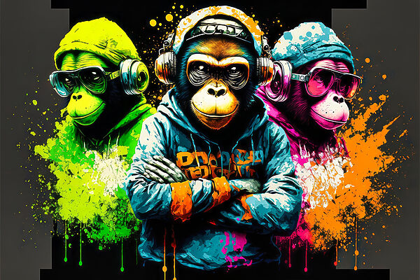 A group of monkeys wearing headphones and hoodies