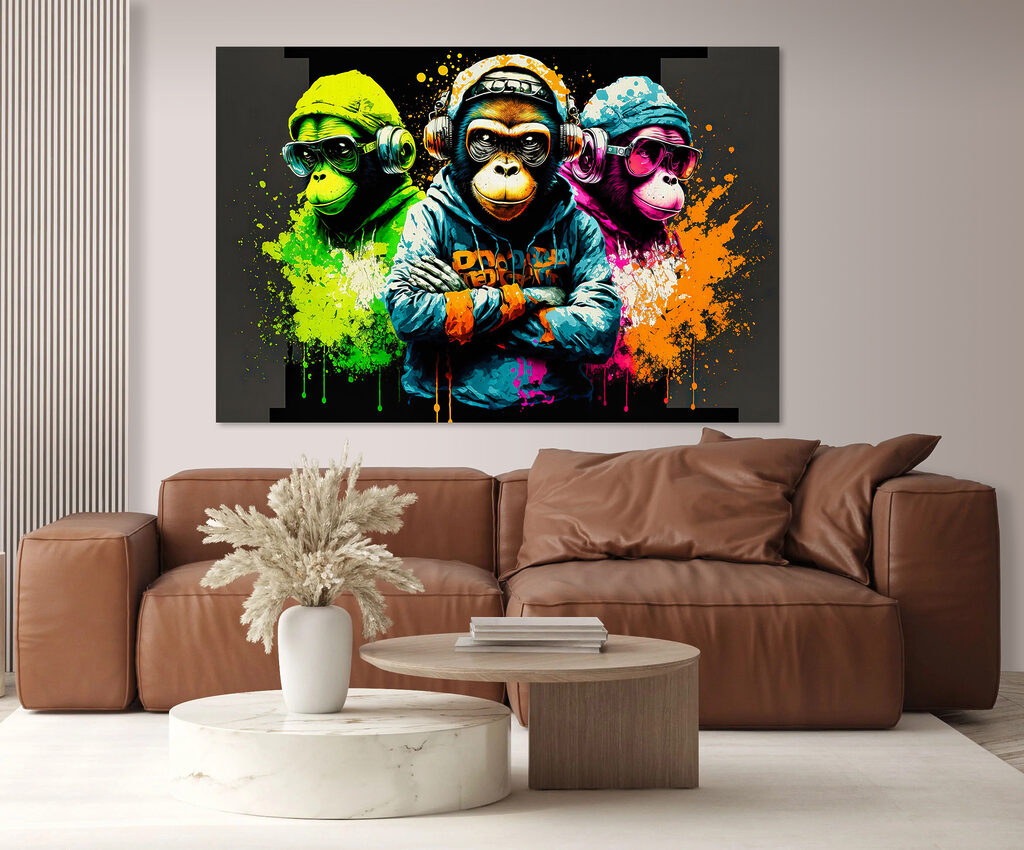 A group of monkeys wearing headphones and hoodies