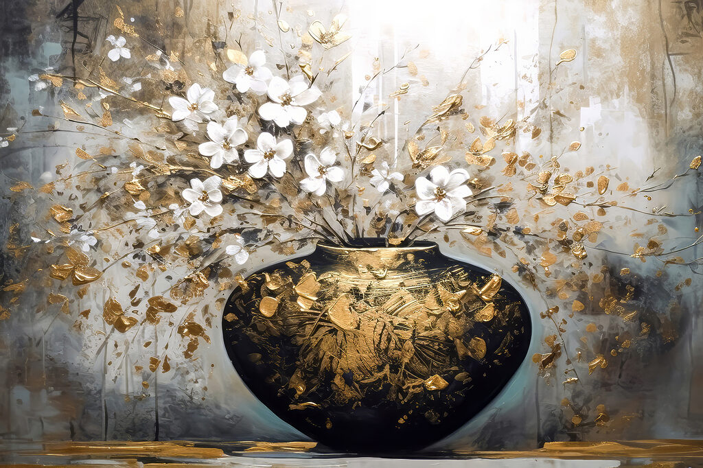 A painting of flowers in a vase A painting of flowers in a vase