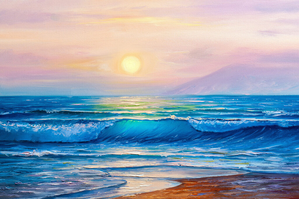 A painting of a beach with waves and a sunset
