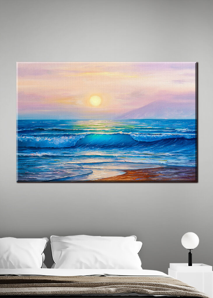 A painting of a beach with waves and a sunset