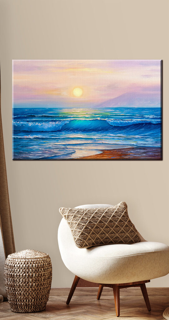 A painting of a beach with waves and a sunset