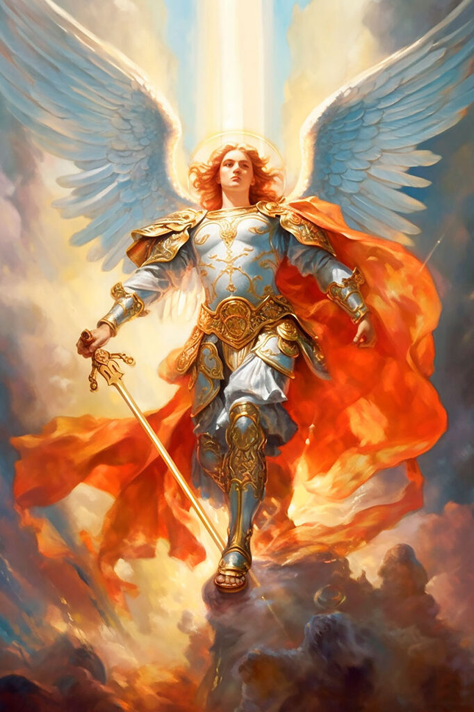 A painting of a person in armor with wings and a sword