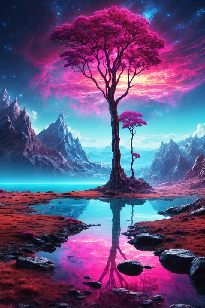A landscape with a tree and mountains