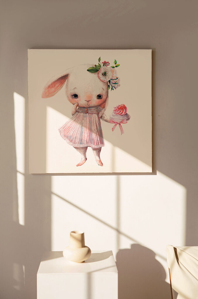 A cartoon of a bunny holding a cupcake A cartoon of a bunny holding a cupcake