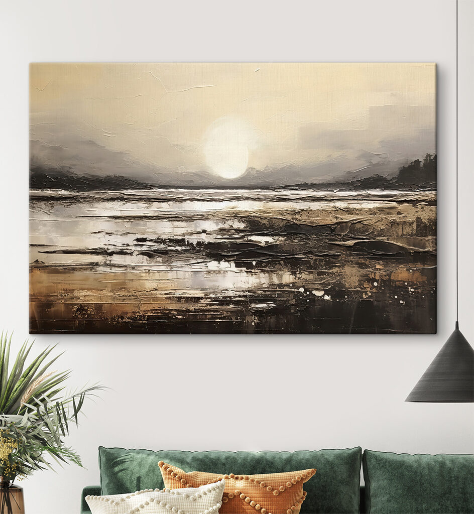 A painting of a beach with the sun in the background A painting of a beach with the sun in the background