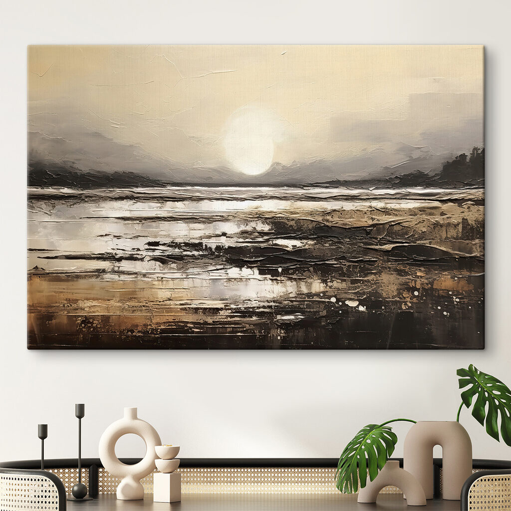 A painting of a beach with the sun in the background A painting of a beach with the sun in the background